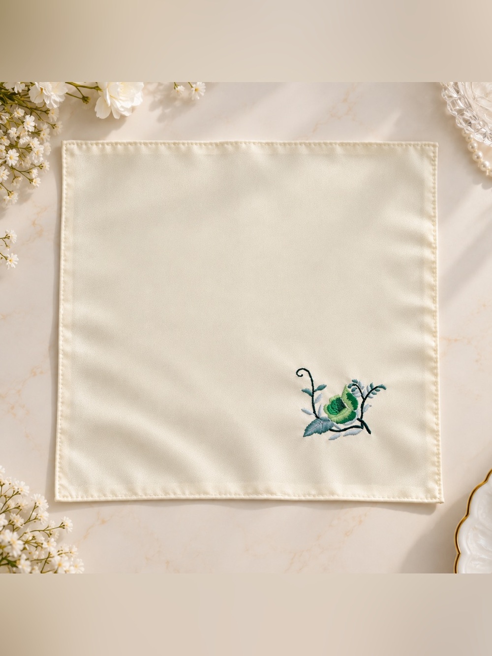 100% Mulberry Silk Handkerchief Double Layer Embroidered Floral Ivory